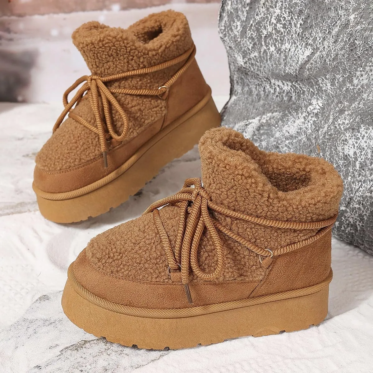 Snow Boots for Women Fleece Lined Furry Winter Warm Cotton Shoes Ankle Booties Flat Comfy Lace up Mid Calf Boots