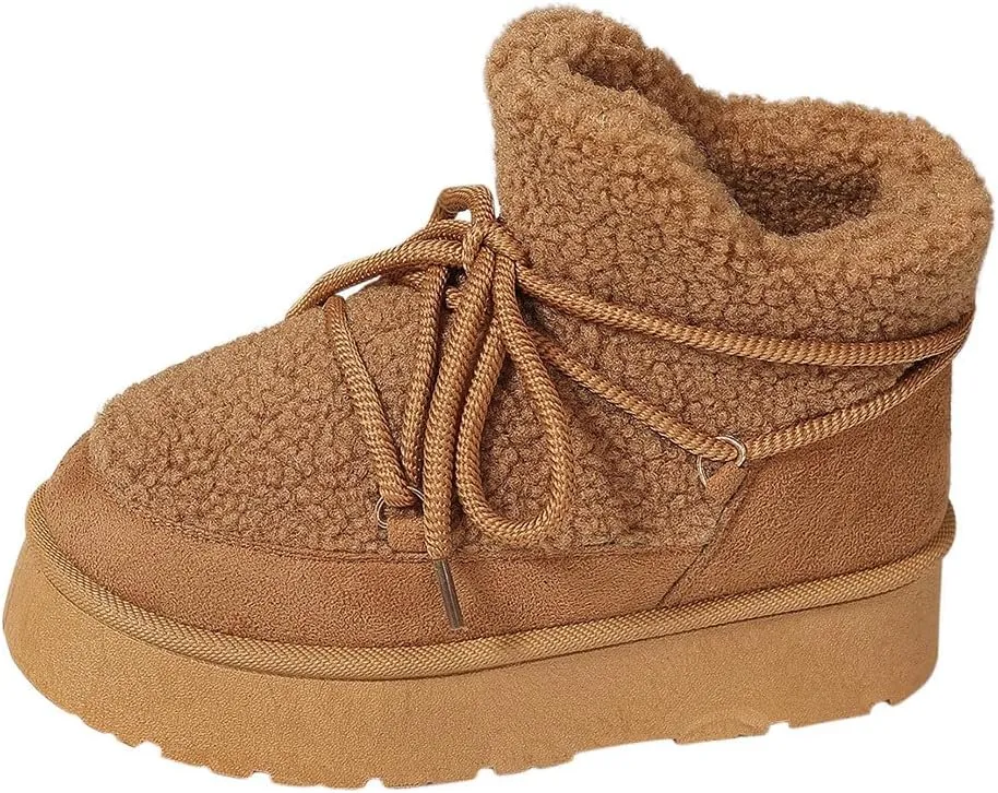 Snow Boots for Women Fleece Lined Furry Winter Warm Cotton Shoes Ankle Booties Flat Comfy Lace up Mid Calf Boots