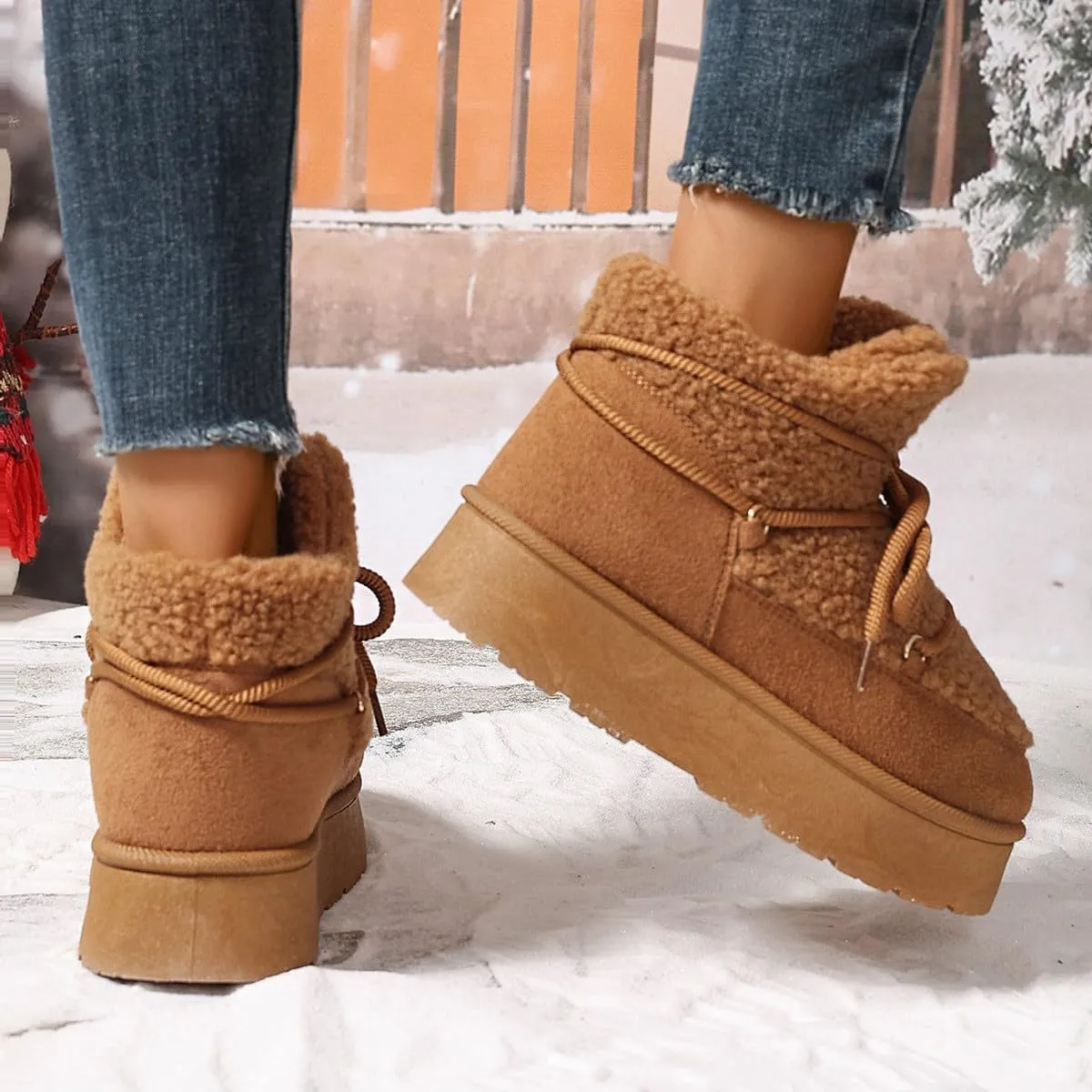 Snow Boots for Women Fleece Lined Furry Winter Warm Cotton Shoes Ankle Booties Flat Comfy Lace up Mid Calf Boots