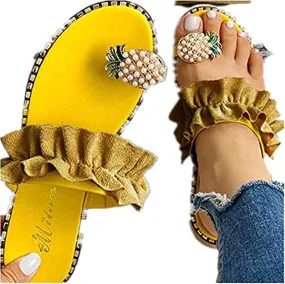 Sweet Cute Pineapple Pearls Sandals Clip Toe Flip Flops Boho Casual Flat Slippers Beach Shoes for Women Girls