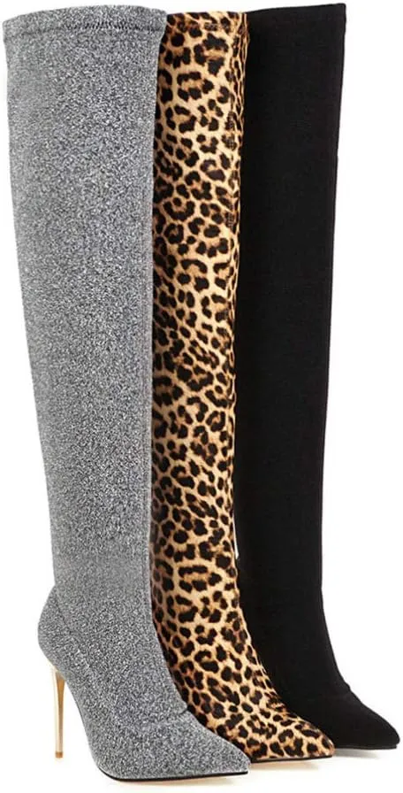 Vaguelly Womens Pumps Women Thigh High Boots, Stretch Pointy Toe Booties Over the Knee Single Sole High Heels, Fall Winter Shoes Womens High Heels
