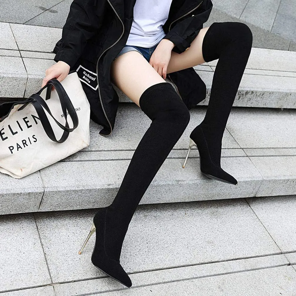 Vaguelly Womens Pumps Women Thigh High Boots, Stretch Pointy Toe Booties Over the Knee Single Sole High Heels, Fall Winter Shoes Womens High Heels