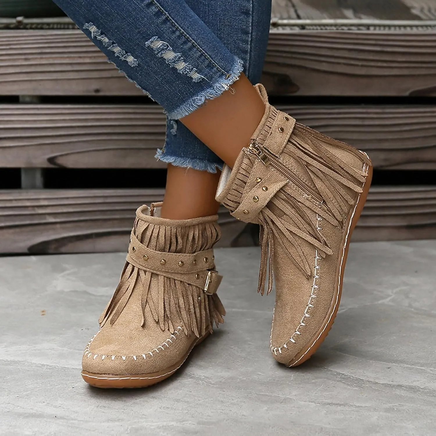 Women Casual Ankle Boots Ankle Boots for Women Walking Tassel Fringe Winter Warm Fashion Western Boots with Zipper