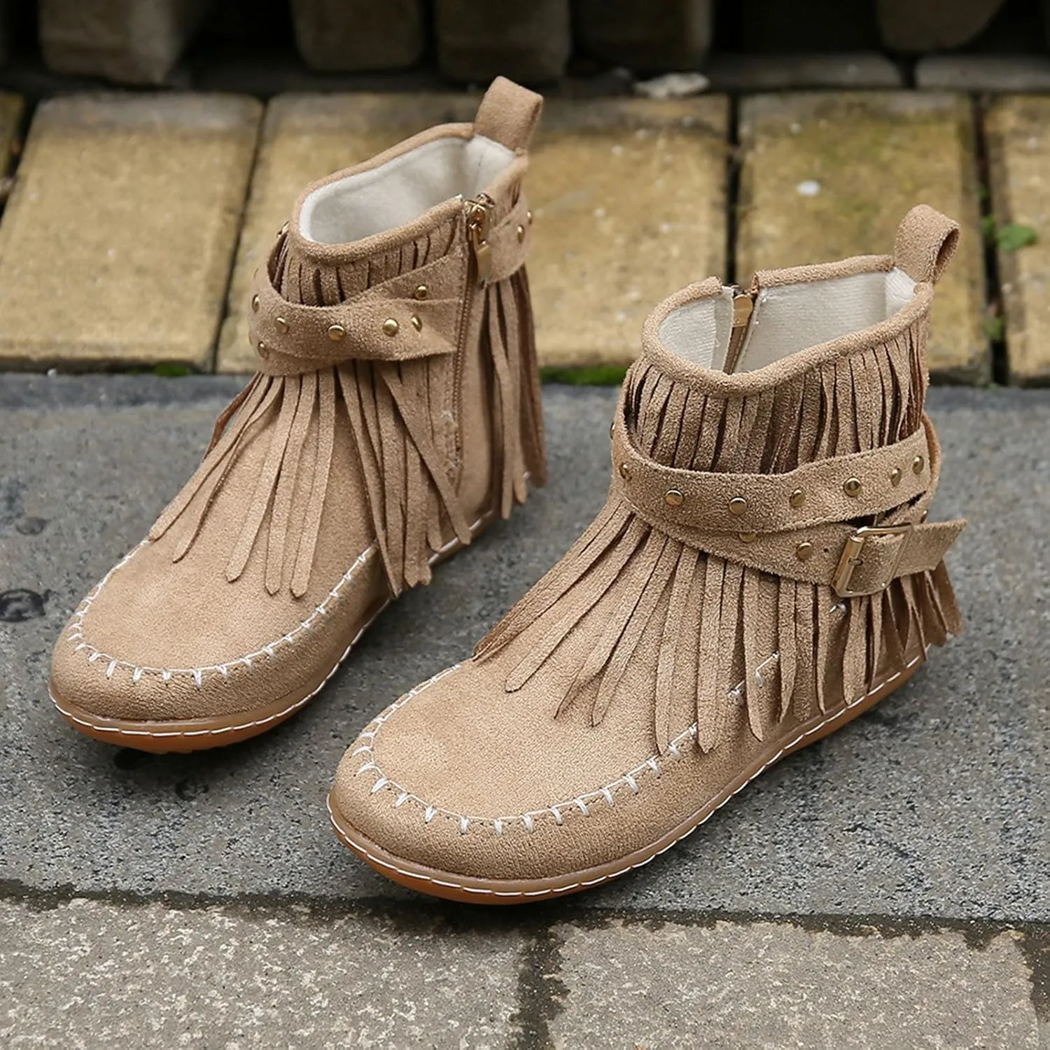 Women Casual Ankle Boots Ankle Boots for Women Walking Tassel Fringe Winter Warm Fashion Western Boots with Zipper
