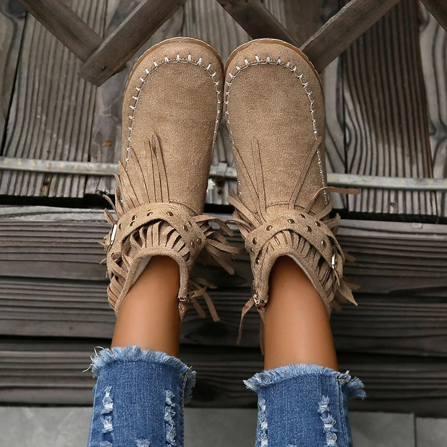 Women Casual Ankle Boots Ankle Boots for Women Walking Tassel Fringe Winter Warm Fashion Western Boots with Zipper