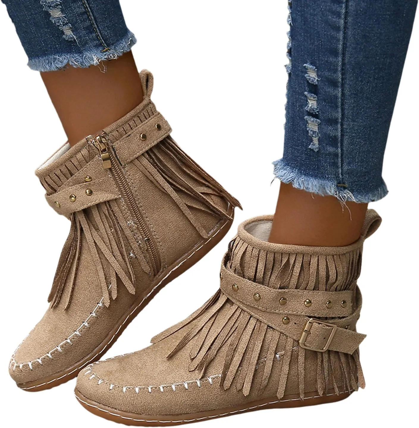 Women Casual Ankle Boots Ankle Boots for Women Walking Tassel Fringe Winter Warm Fashion Western Boots with Zipper