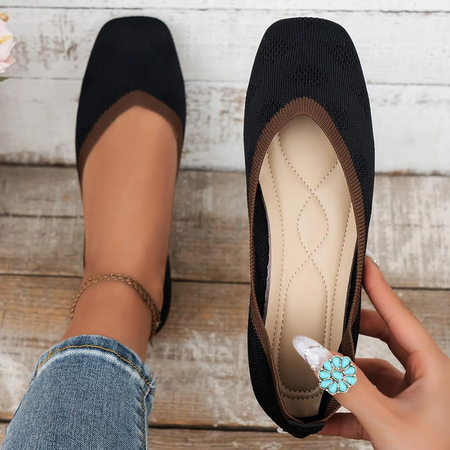 Women Casual Flat Shoes Knit Mesh Breathable Loafer Shoes Fashion Chunky Low Heels Lightweight Casual Shoes