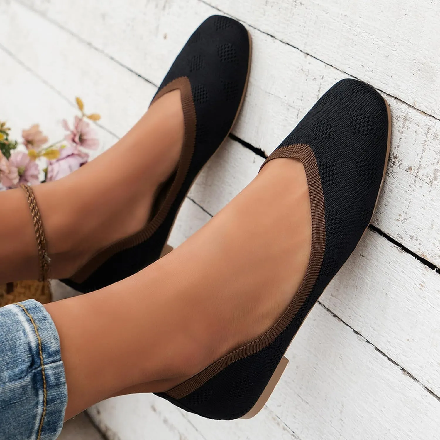 Women Casual Flat Shoes Knit Mesh Breathable Loafer Shoes Fashion Chunky Low Heels Lightweight Casual Shoes