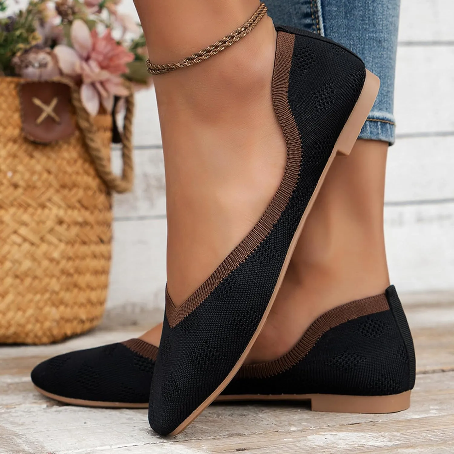 Women Casual Flat Shoes Knit Mesh Breathable Loafer Shoes Fashion Chunky Low Heels Lightweight Casual Shoes