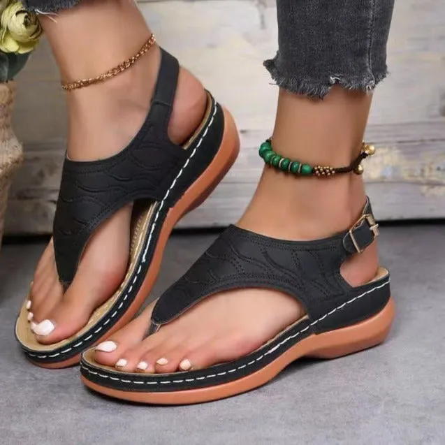 Women platform flip flop buckle 
strap wedge sandals