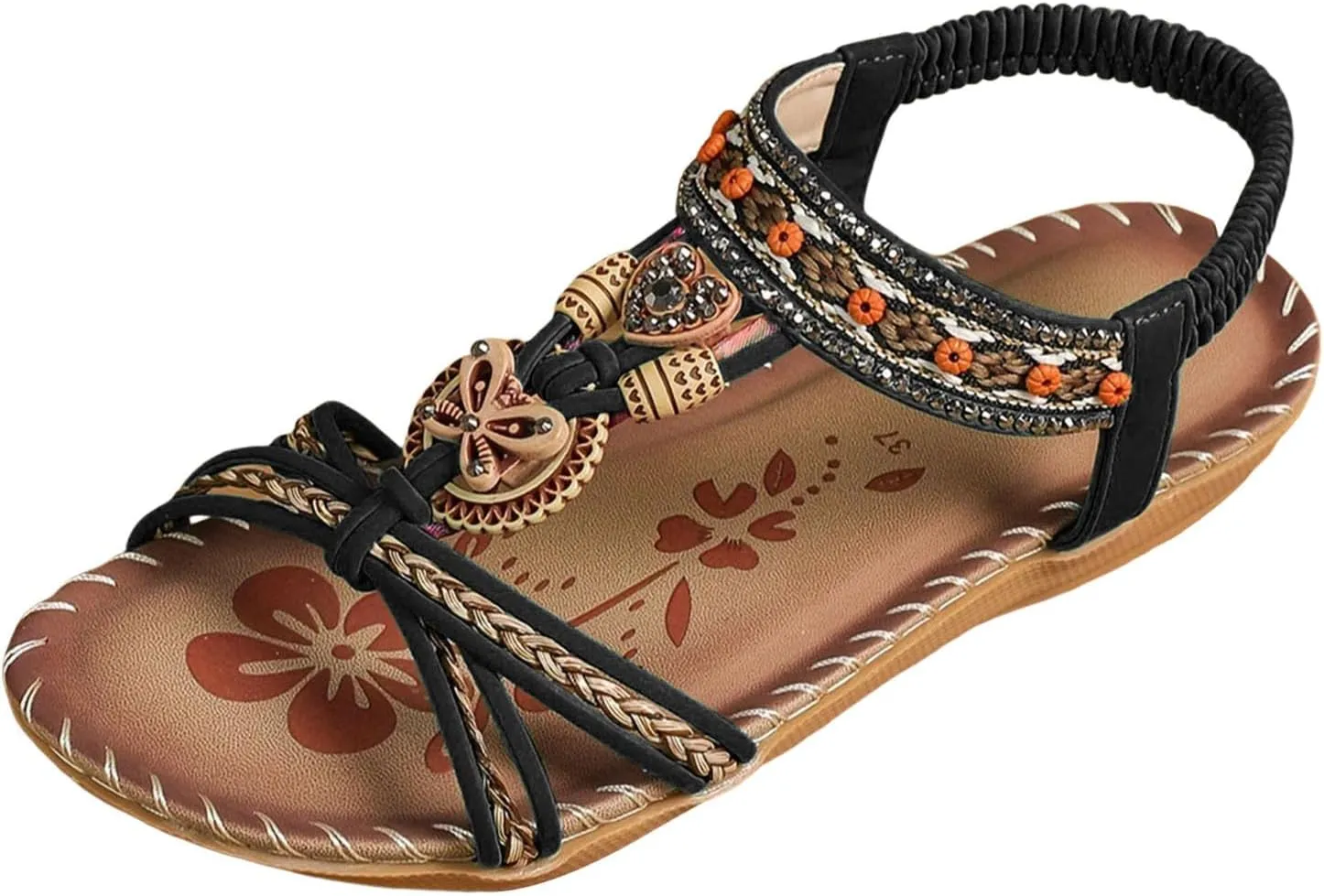 Women's Bohemian Sandals Summer Low Heel Slip On Ethnic Style Comfortable Beach Walking Casual Dressy Flat Sandal for Outfits