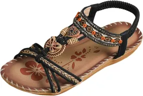 Women's Bohemian Sandals Summer Low Heel Slip On Ethnic Style Comfortable Beach Walking Casual Dressy Flat Sandal for Outfits