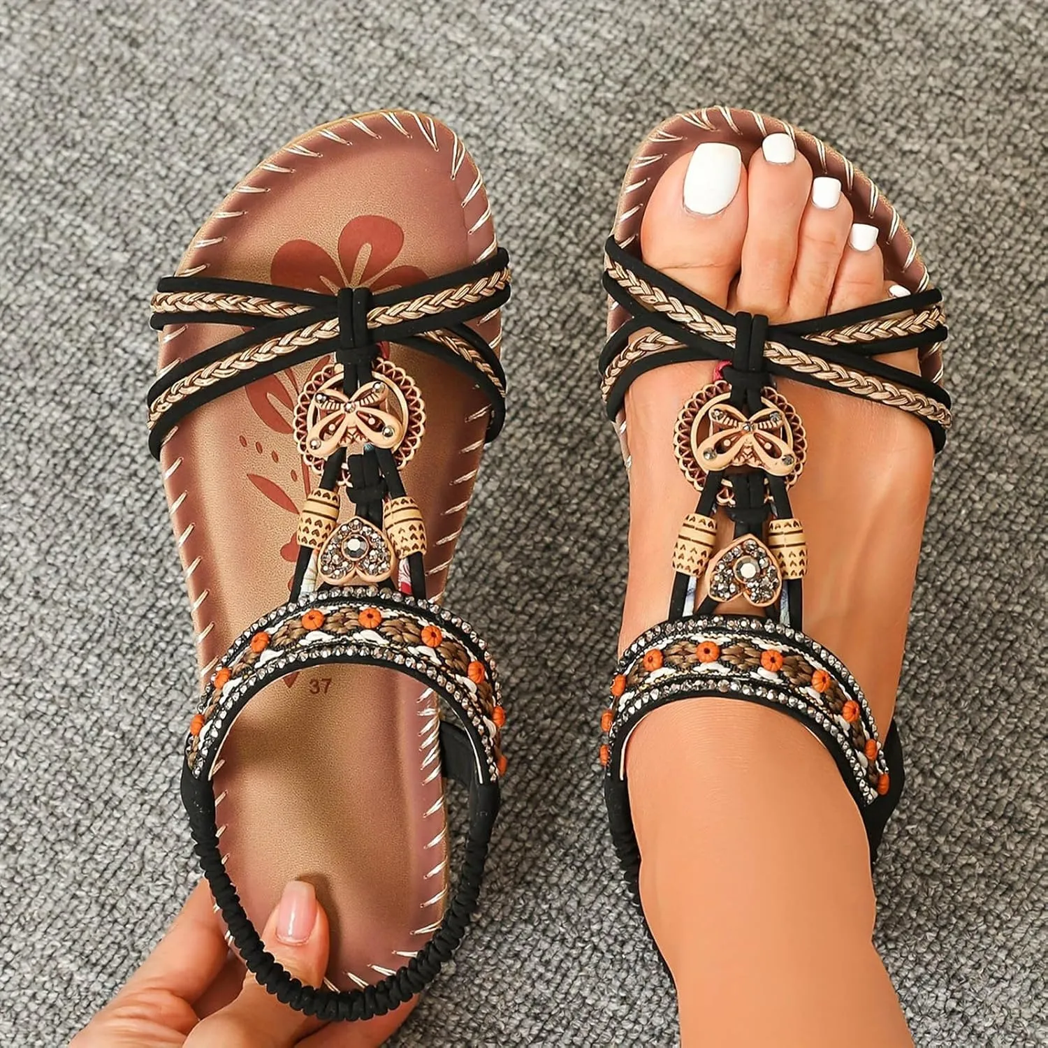 Women's Bohemian Sandals Summer Low Heel Slip On Ethnic Style Comfortable Beach Walking Casual Dressy Flat Sandal for Outfits