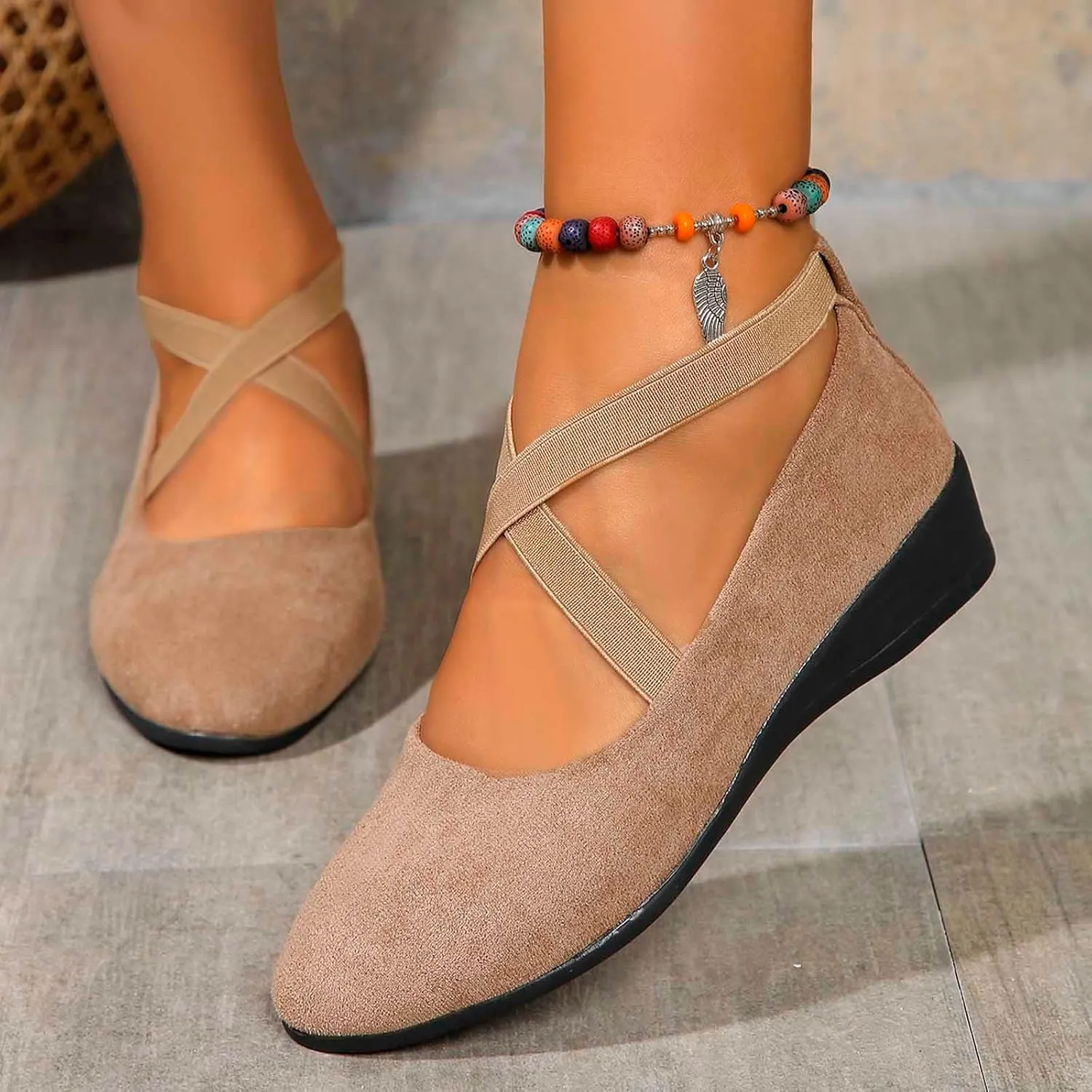 Women's Comfortable Fashion Elastic Ankle Straps Flats Shoes Pull-On Criss-Cross Ballet Girls Dress Toddler Little Gracy Mary Jane Ballerina Style Closed Toe Casual Flat with Strap