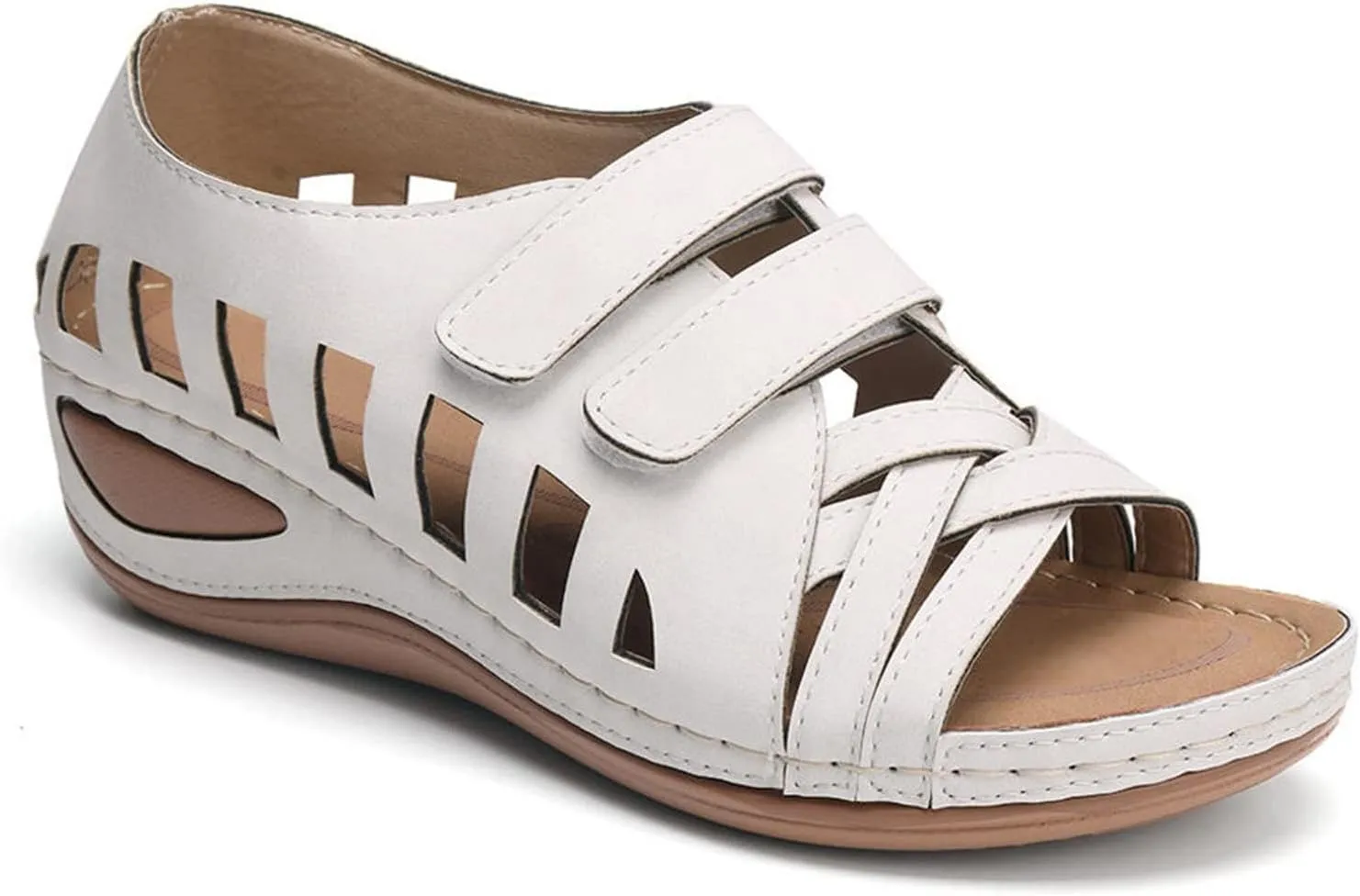 Womens Orthopedic Sandals Gladiator Low Wedge Slip On Sandals Breathable Hollow Out Slides All-Match Shoes Open Toe Slingback for Summer and Daily Wear