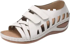 Womens Orthopedic Sandals Gladiator Low Wedge Slip On Sandals Breathable Hollow Out Slides All-Match Shoes Open Toe Slingback for Summer and Daily Wear