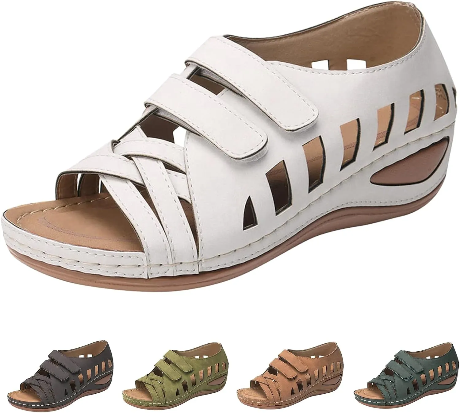 Womens Orthopedic Sandals Gladiator Low Wedge Slip On Sandals Breathable Hollow Out Slides All-Match Shoes Open Toe Slingback for Summer and Daily Wear