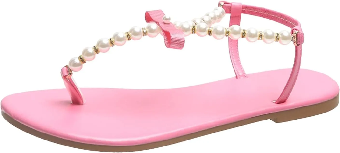 Womens Thong Pearl Beaded Flat Sandals Fashion Round Toe Clip Toe Bowknot Elastic Strap Slip-on Shoes Summer Casual Ladies Beach Slipper