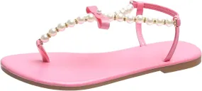 Womens Thong Pearl Beaded Flat Sandals Fashion Round Toe Clip Toe Bowknot Elastic Strap Slip-on Shoes Summer Casual Ladies Beach Slipper