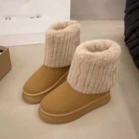 Womens Winter Platform Snow Boots Fuzzy Fleece Warm Ankle Boot Lounge Slip-On Booties Comfy Flat Shoes