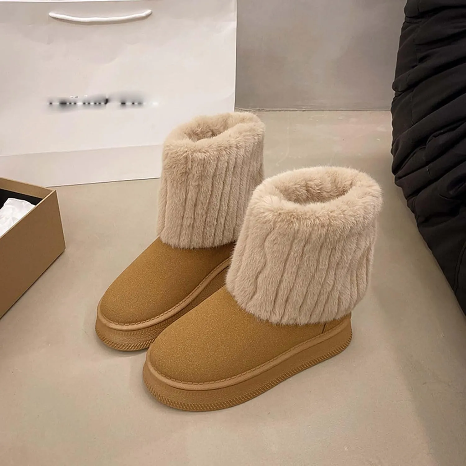 Womens Winter Platform Snow Boots Fuzzy Fleece Warm Ankle Boot Lounge Slip-On Booties Comfy Flat Shoes