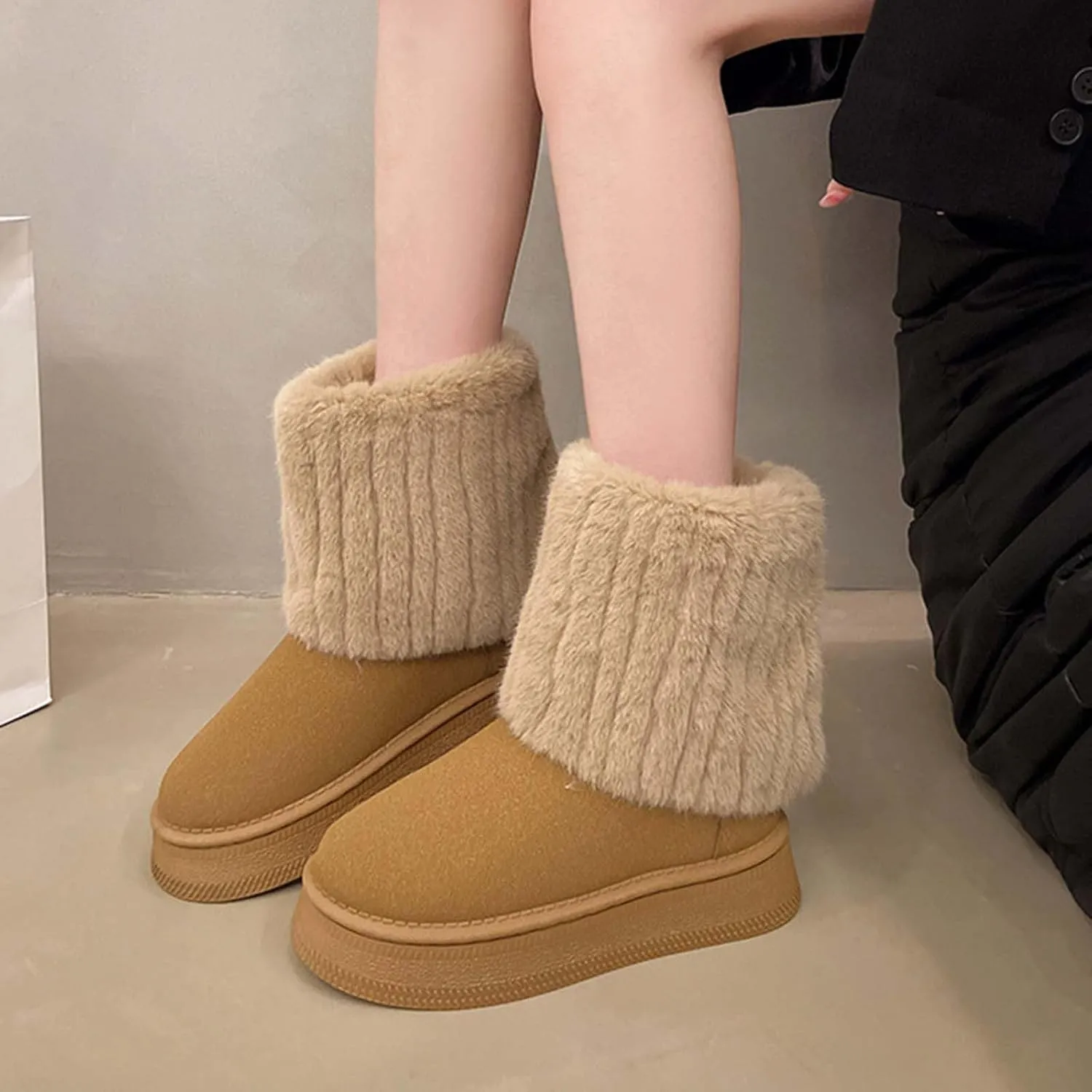 Womens Winter Platform Snow Boots Fuzzy Fleece Warm Ankle Boot Lounge Slip-On Booties Comfy Flat Shoes